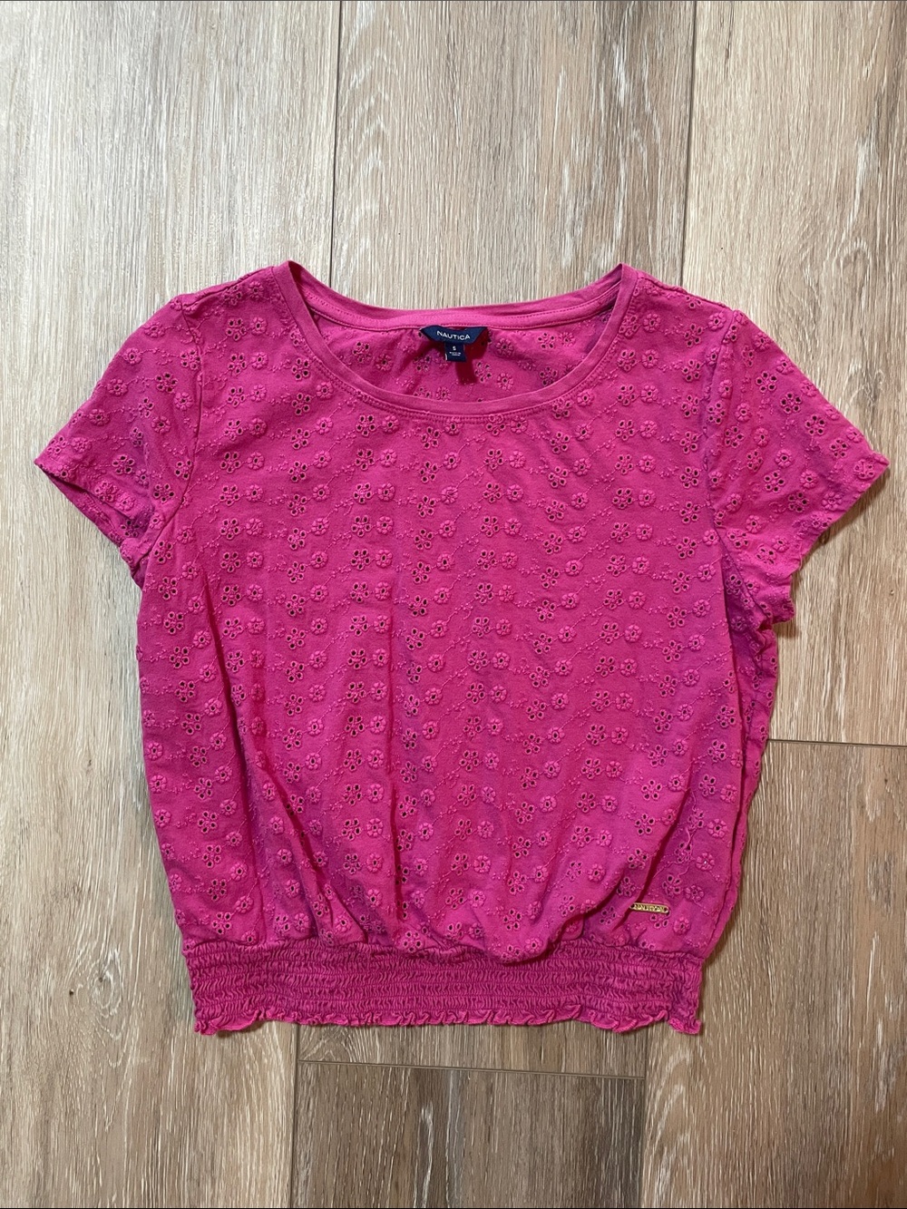 Nautica Fuchsia Eyelet Short Sleeve Smocked-Hem Top